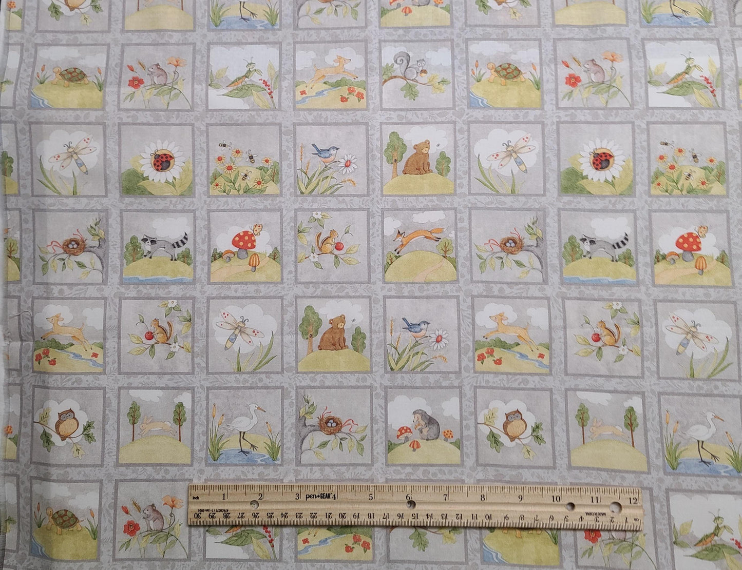 CP67729 D is for Dear Patch Susan Winget - Cheater Block Cloth / Gray, Yellow, Red, Brown Cartoon-Style Woodland Animals