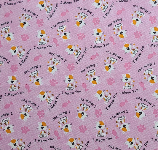 JoAnn Fabrics - Pink Crosshatch Fabric / Cartoon Cat and Paw, Fish, I Meow You Print