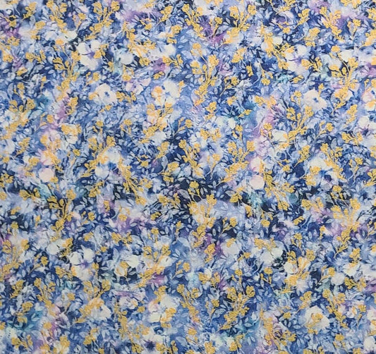 EOB - Dark Blue Fabric / Light Blue, Purple, White Packed Flower Print / Gold Metallic Vine Print - Selvage to Selvage Print