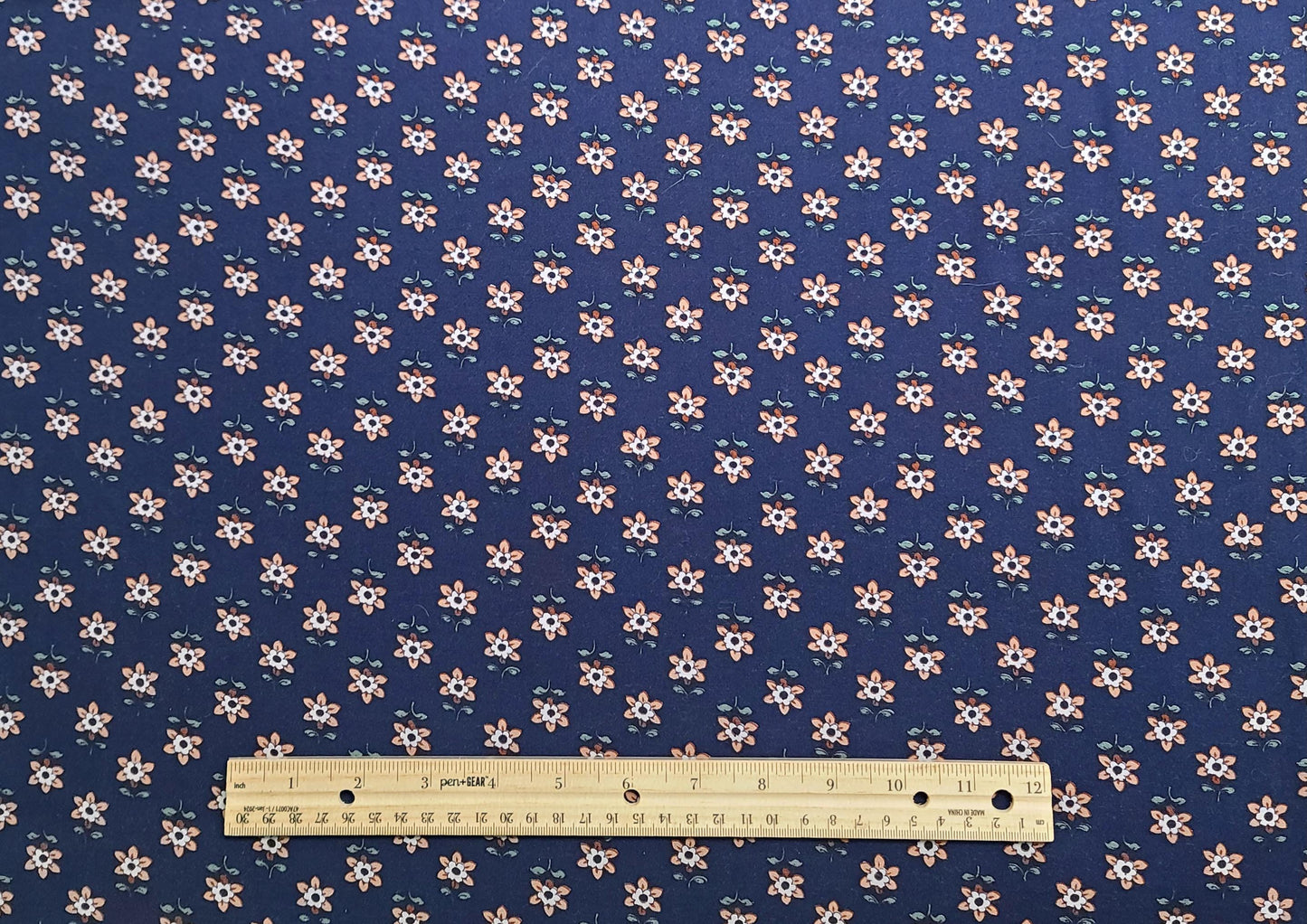 EOB - Vintage Dark Blue Fabric / White, Tan, Green Flower Print - Selvage to Selvage Print