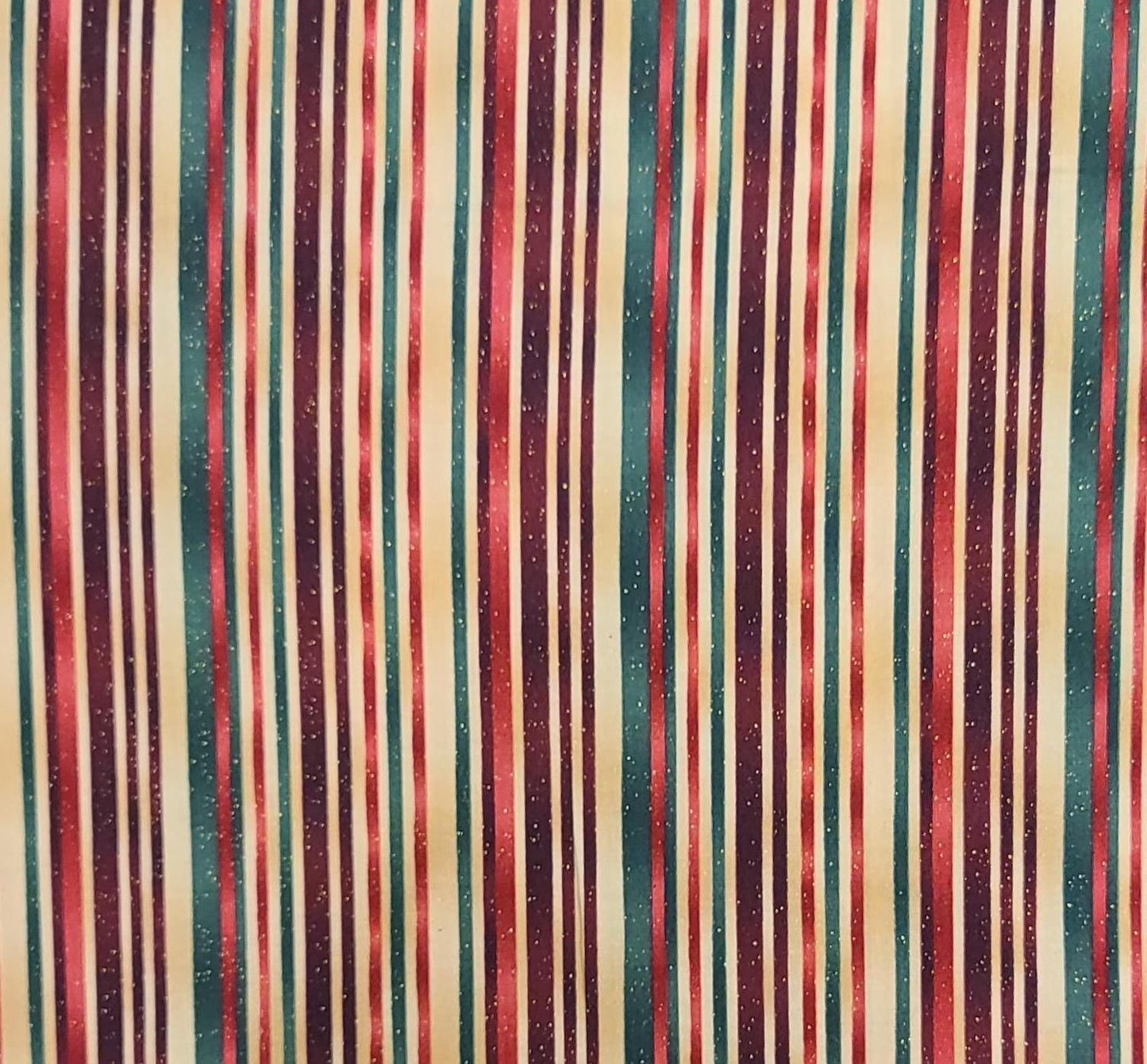 239 Presence of Line by Maywood Studio EESCO - Tan, Burgundy, Red, Green Vertical Stripe (Parallel to Selvage) Fabric / Gold Metallic Flecks