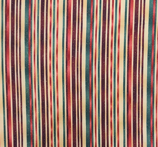 239 Presence of Line by Maywood Studio EESCO - Tan, Burgundy, Red, Green Vertical Stripe (Parallel to Selvage) Fabric / Gold Metallic Flecks