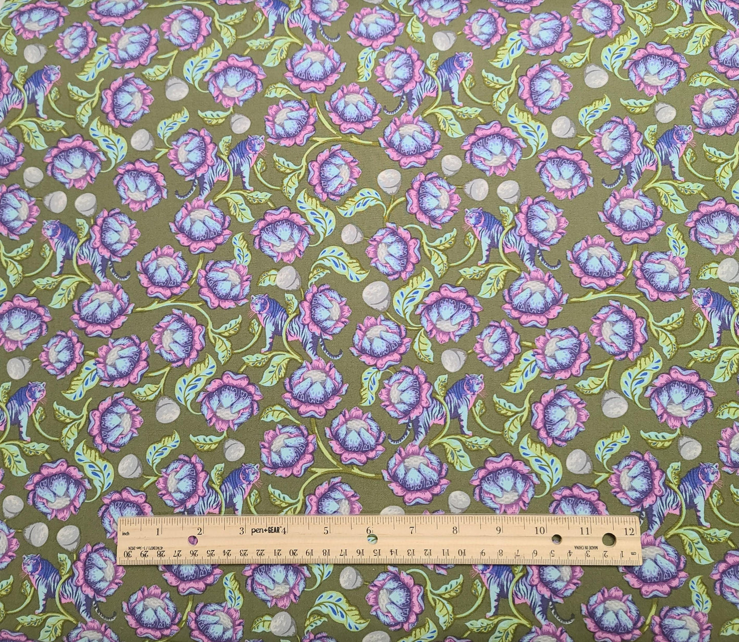 EOB - FreeSpirit Presents Eden by Tula Pink PWTP071 Lotus - Green Fabric / White, Purple, Pink Lotus Blossom and Tiger Print