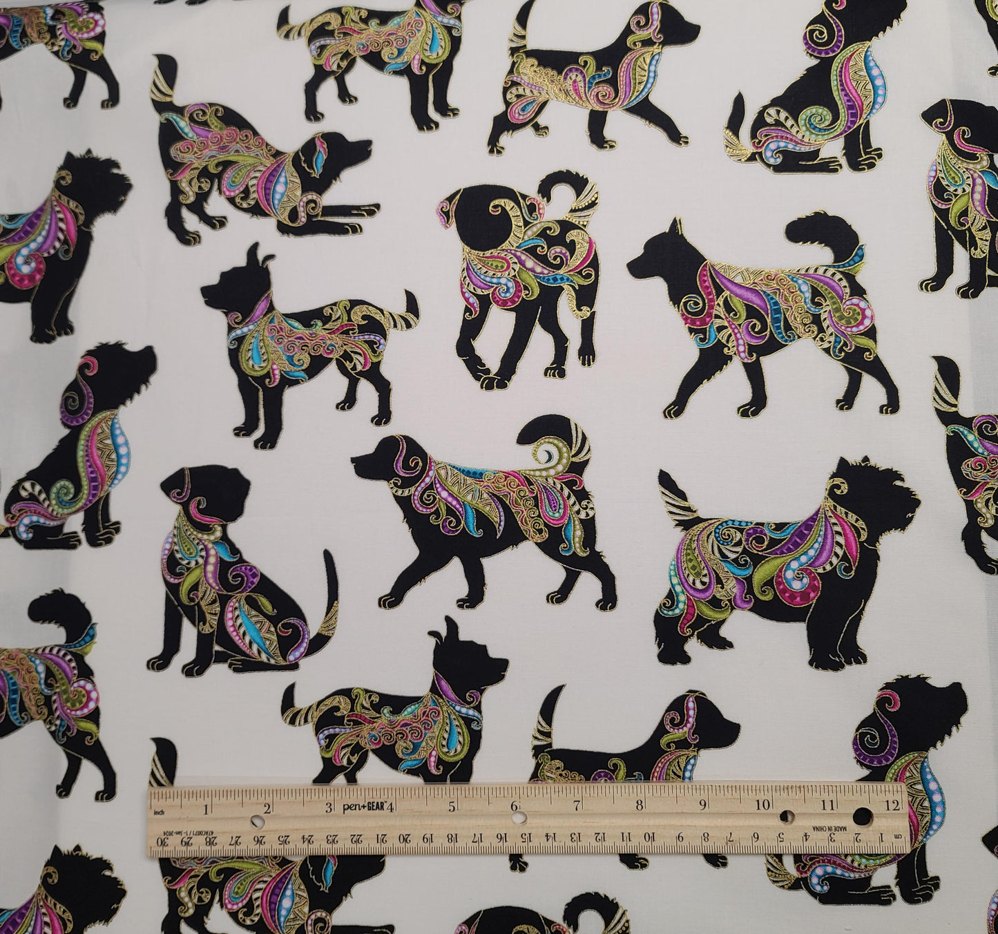 Dog On It Ann Lauer Grizzly Gulch Gallery Benartex #6254M - White Fabric / Black Dog Print / Purple, Green, Blue / Gold Metallic Accents