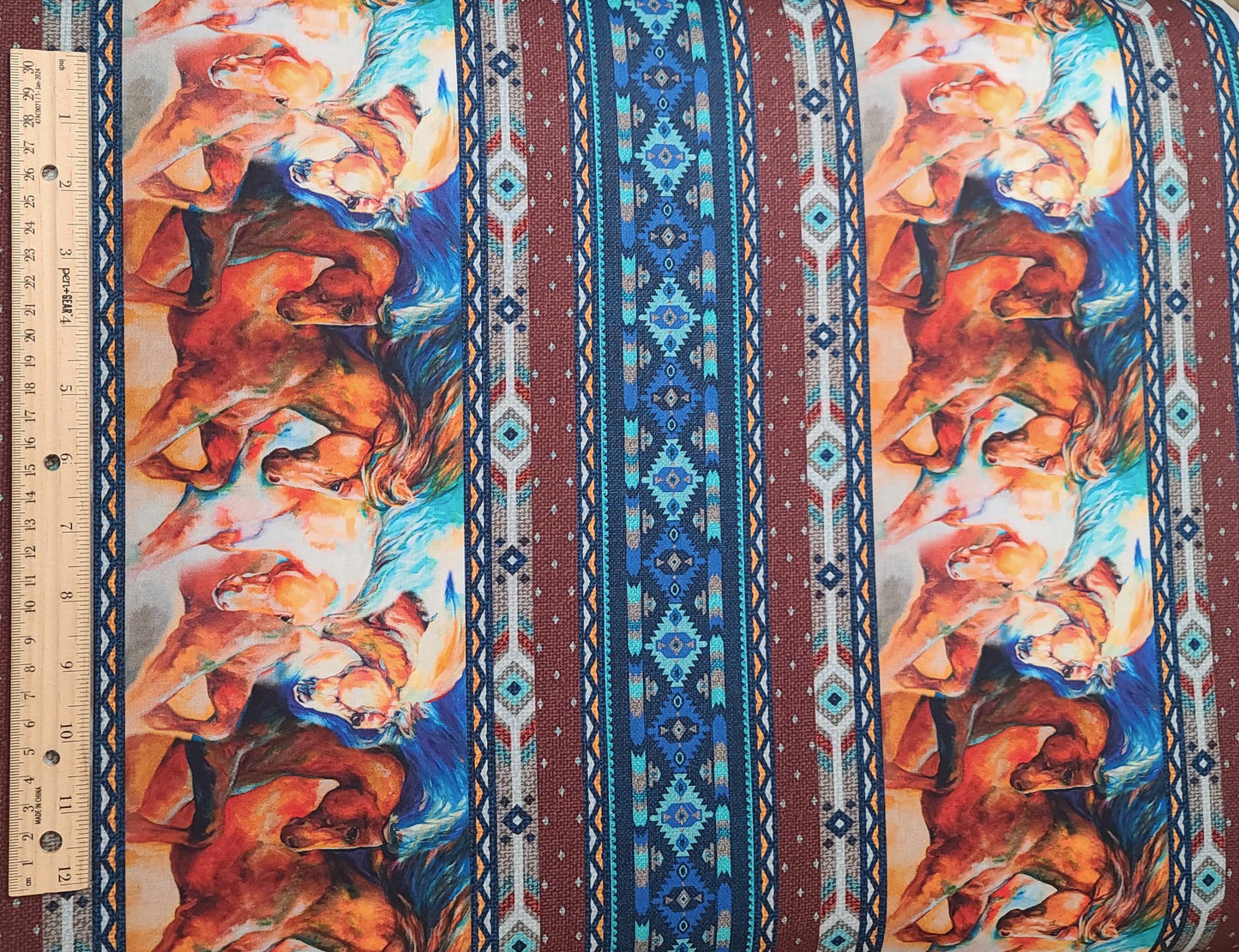 Born to Run Marcia Baldwin for Benartex Style 4162 - Brown, White, Blue, Turquoise Horse Print Border Stripe Fabric