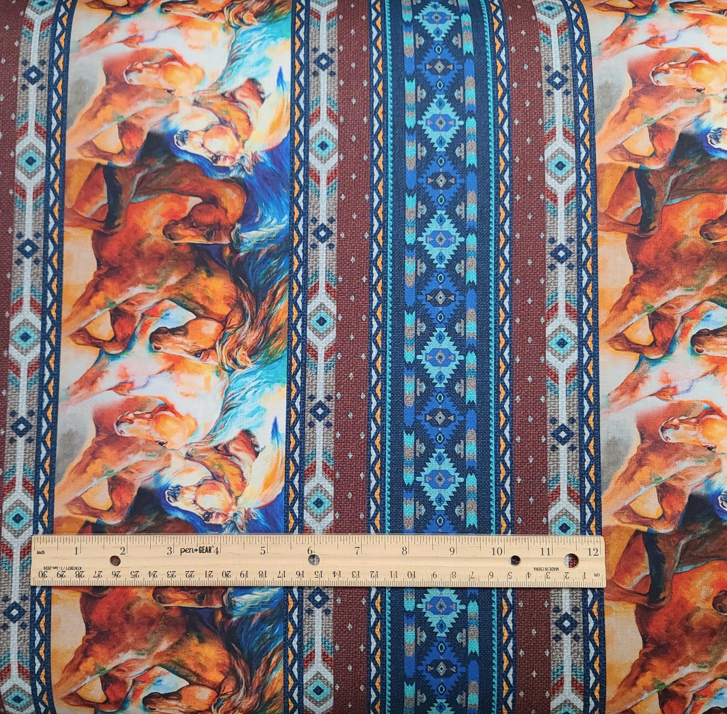 Born to Run Marcia Baldwin for Benartex Style 4162 - Brown, White, Blue, Turquoise Horse Print Border Stripe Fabric