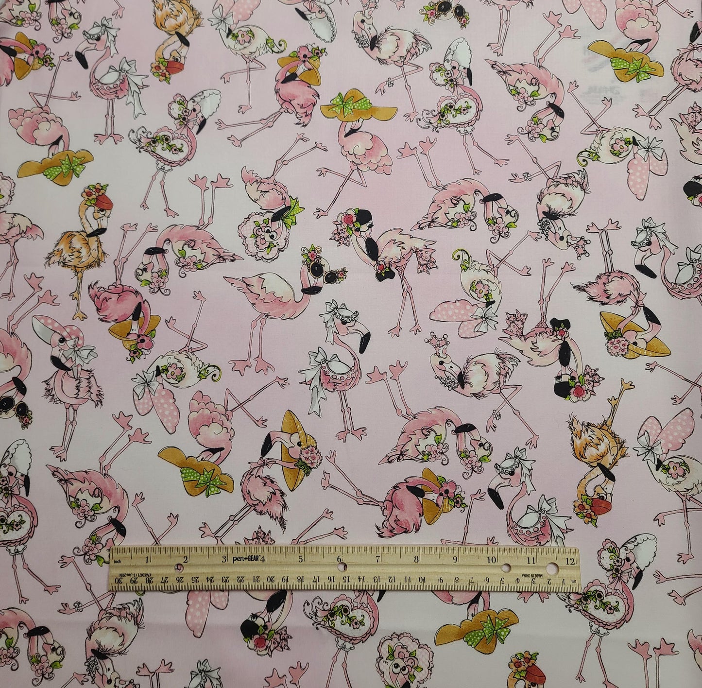 Tossed Flams Loralie Harris for Loralie Designs - Pale Pink Tonal Fabric / Tossed Flamingo Print