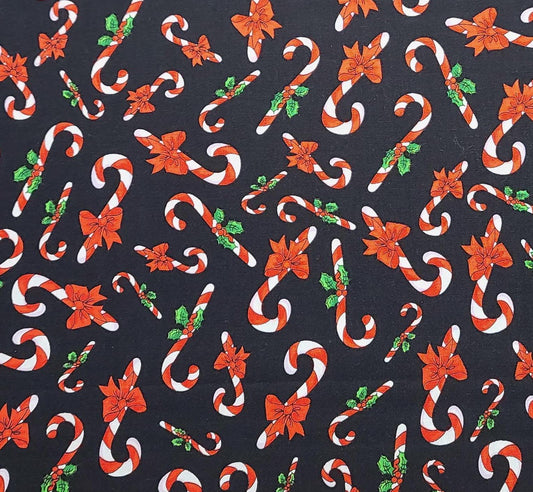 Candy Cane Crowd Loralie Harris for Loralie Designs - Black Fabric / Tossed Candy Cane Print