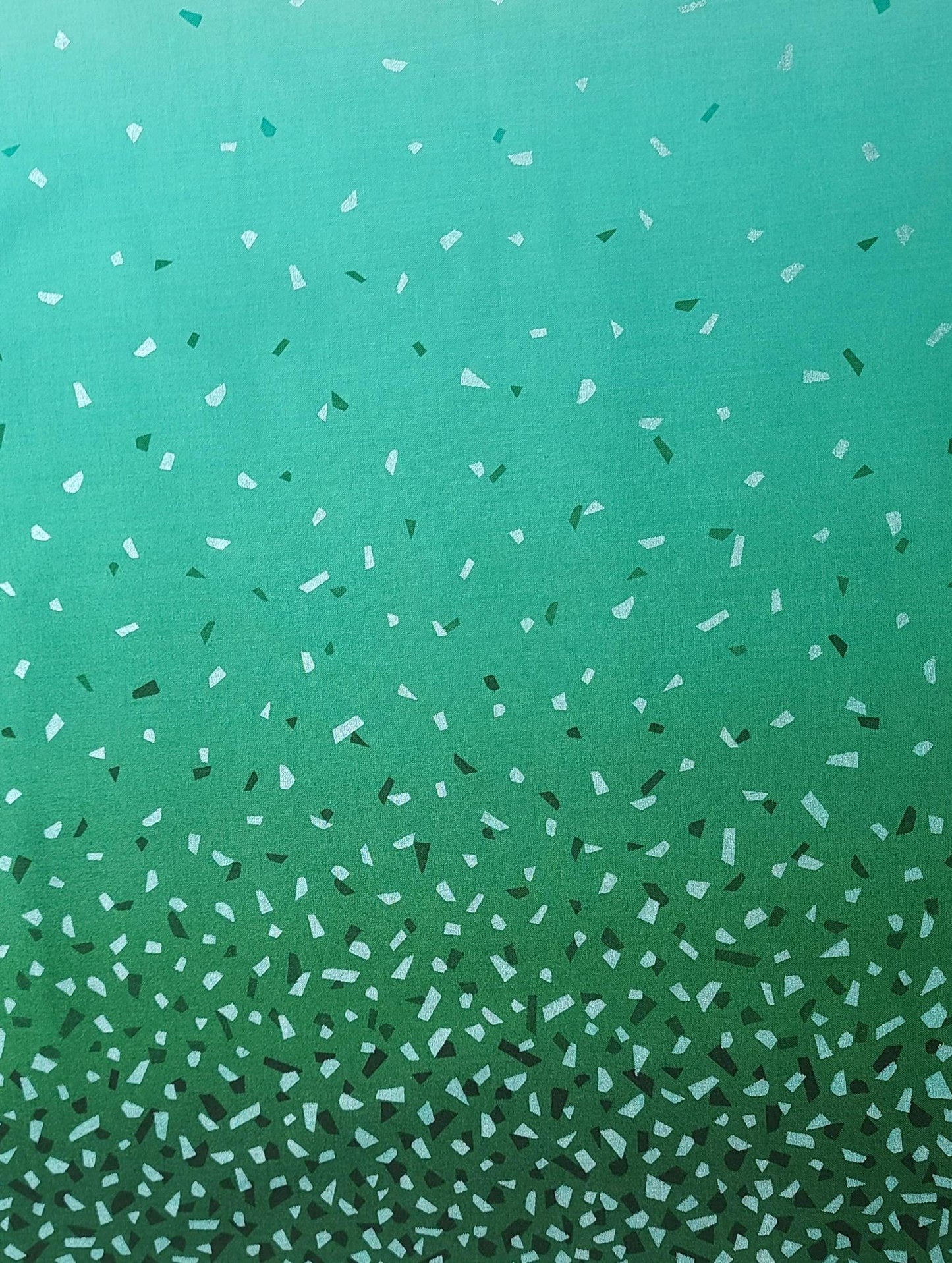 Snippets by Chelsea Design Works for Studio E Fabrics Patt#5086 - Emerald Green to Aqua Ombre Fabric/Dark Green to Aqua Foil Confetti Print