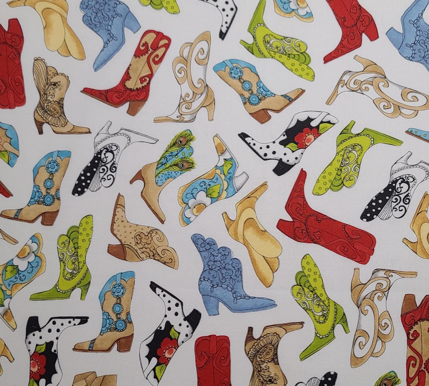 Bootery  Loralie Harris for Loralie Designs - White Fabric / Red, Blue, Tan, Green Tossed Boot Print