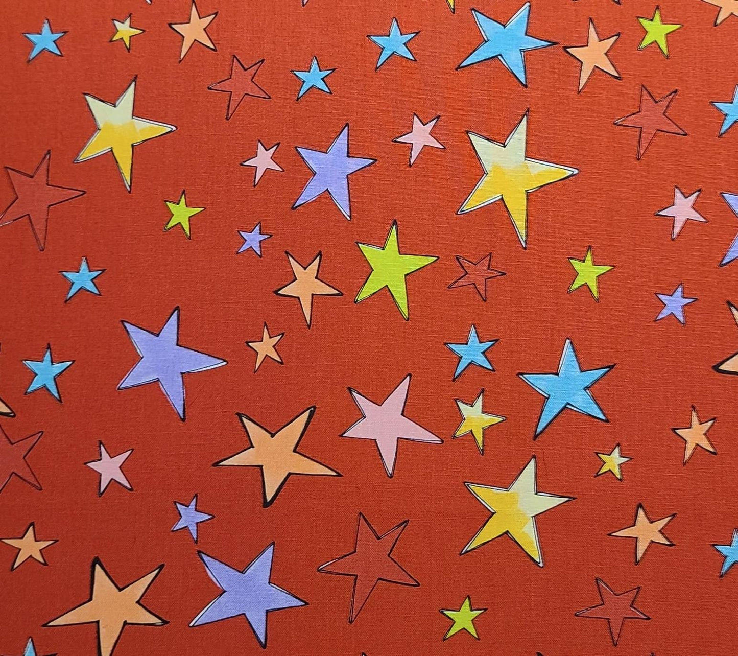 Stars Loralie Harris for Loralie Designs - Red Fabric / Yellow, Blue, Green Tossed Star Print