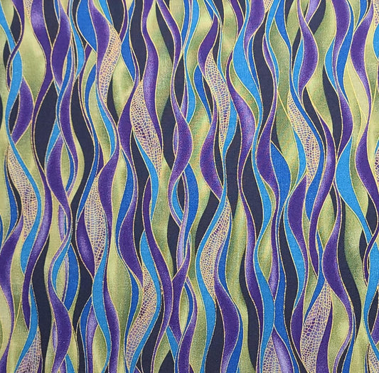 Dragonfly Dance by Kanvas Benartex Pattern #DANCING WAVES-CM8503 - Black, Green, Blue, Purple Gradient Wave Pattern Fabric / Gold Met Accent