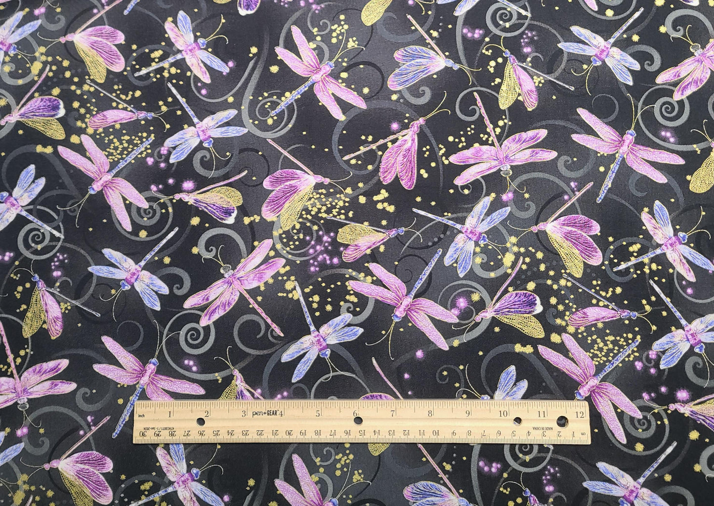 Dragonfly Dance Kanvas Benartex Pattern #DANCING DRAGONFLIES-CM8498-Black Fabric, Gray Swirl / White, Purple, Pink Dragonfly / Gold Metallic