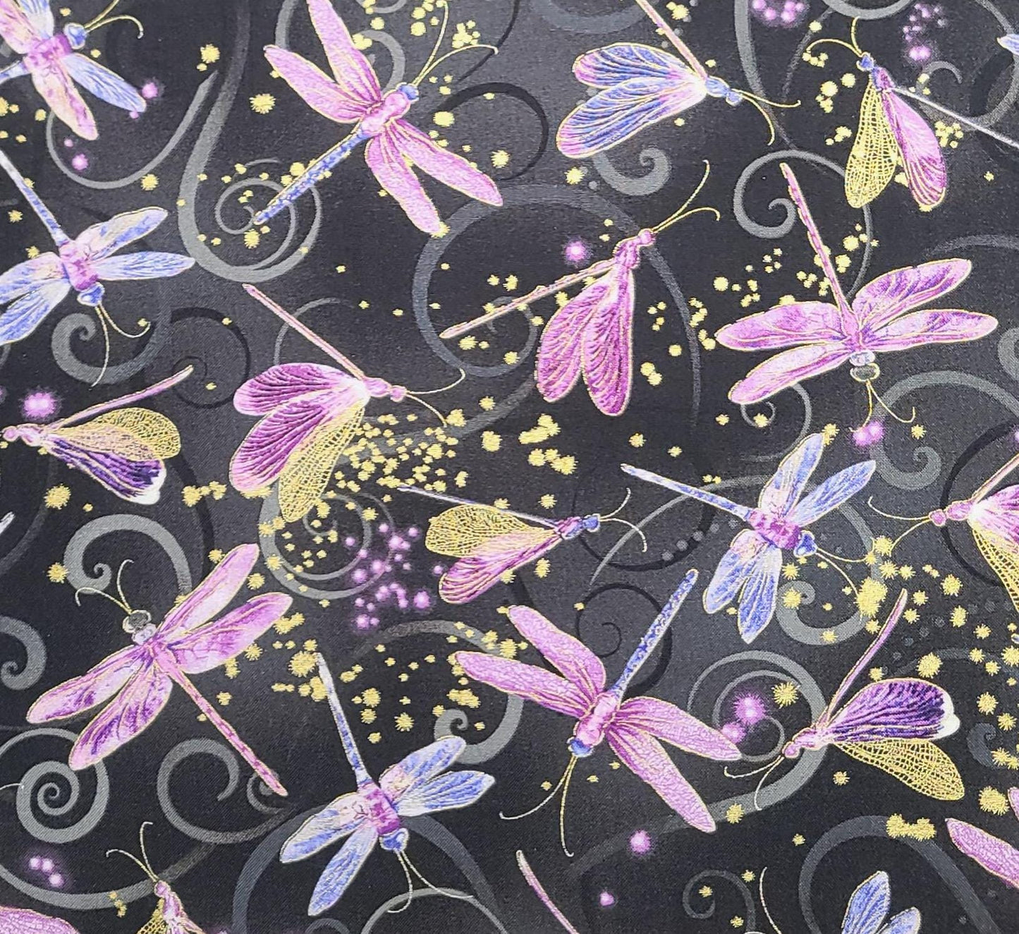 Dragonfly Dance Kanvas Benartex Pattern #DANCING DRAGONFLIES-CM8498-Black Fabric, Gray Swirl / White, Purple, Pink Dragonfly / Gold Metallic