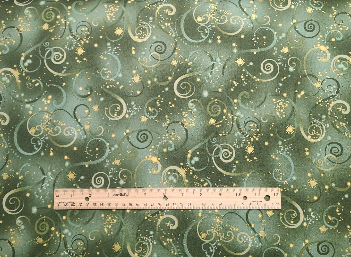 Dragonfly Dance by Kanvas with Benartex Pattern #SWIRLING SKY-CM8500 - Green Tonal Swirl Print Fabric / Gold Metallic Stars