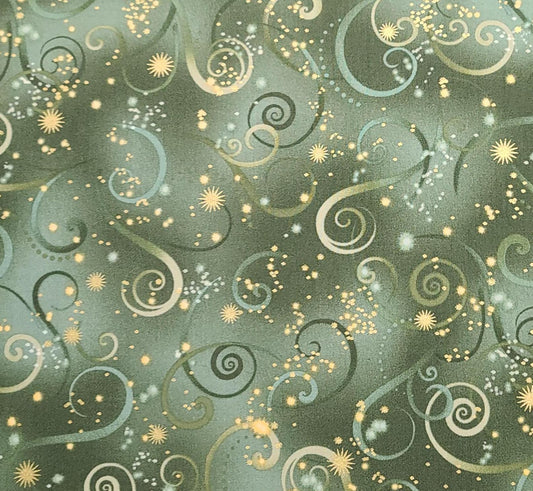 Dragonfly Dance by Kanvas with Benartex Pattern #SWIRLING SKY-CM8500 - Green Tonal Swirl Print Fabric / Gold Metallic Stars