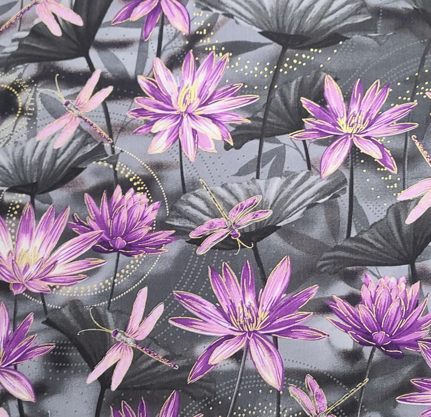 Dragonfly Dance Kanvas Benartex #WATERLILY PIIL-CM8499 - Black/Gray Tonal Fabric / Plum, White, Lavender Dragonfly, Waterlily/Gold Metallic