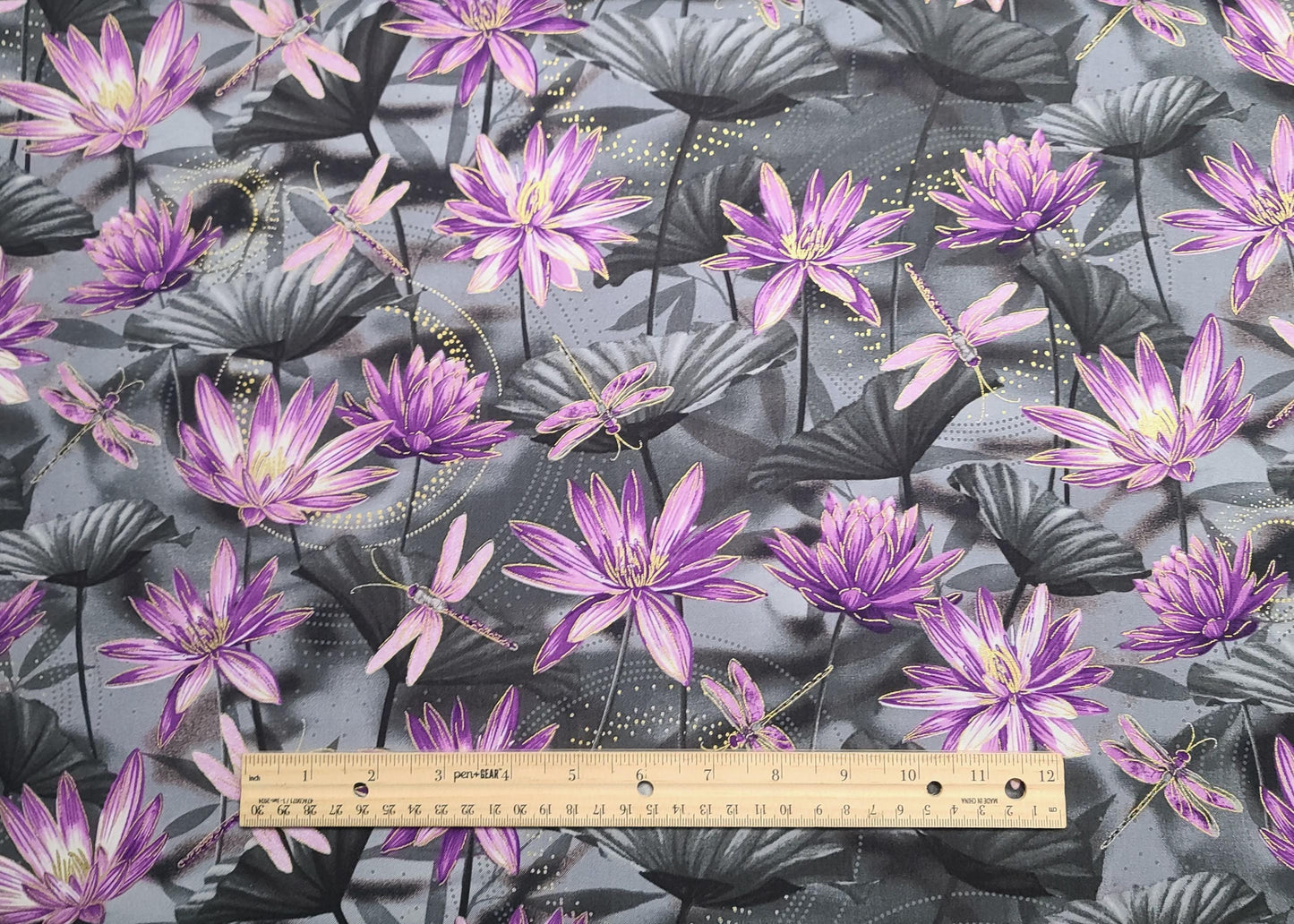 Dragonfly Dance Kanvas Benartex #WATERLILY PIIL-CM8499 - Black/Gray Tonal Fabric / Plum, White, Lavender Dragonfly, Waterlily/Gold Metallic