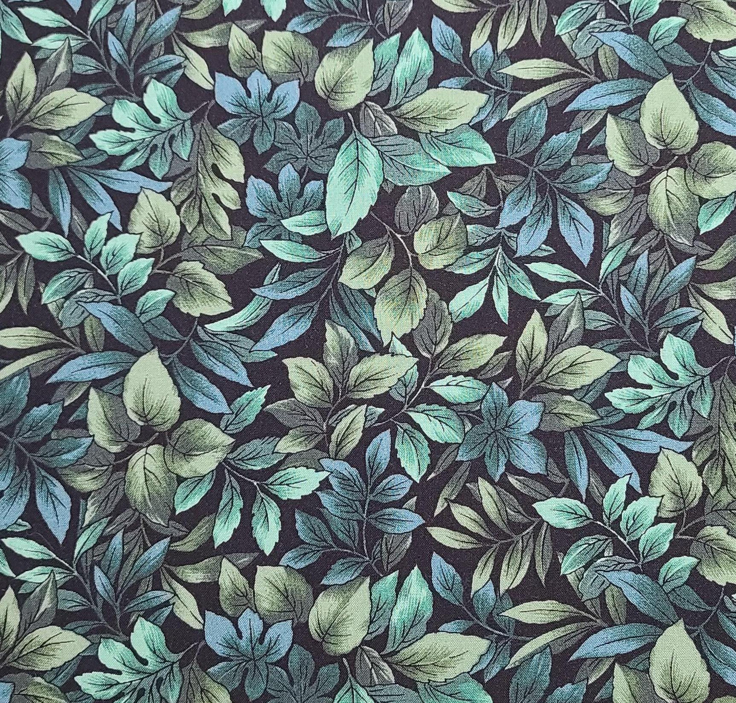 Country Side by Hoffman International Fabrics - Black Fabric / Teal, Green, Turquoise Packed Leaf Print