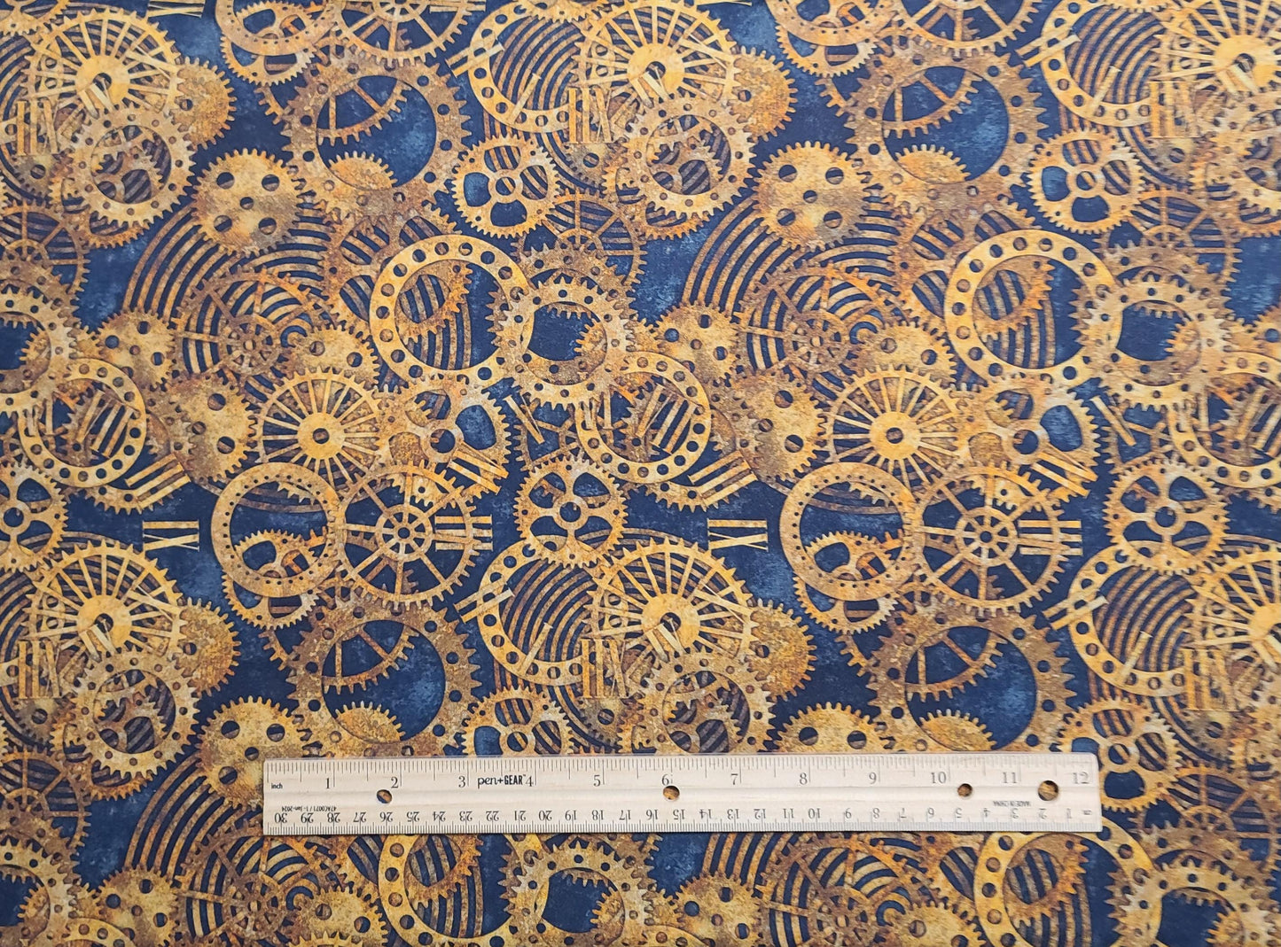 EOB - Rubin Design Studio Style# RUPOS4NU - Steel Blue Tonal Fabric / Gold, Tan Clockworks Print