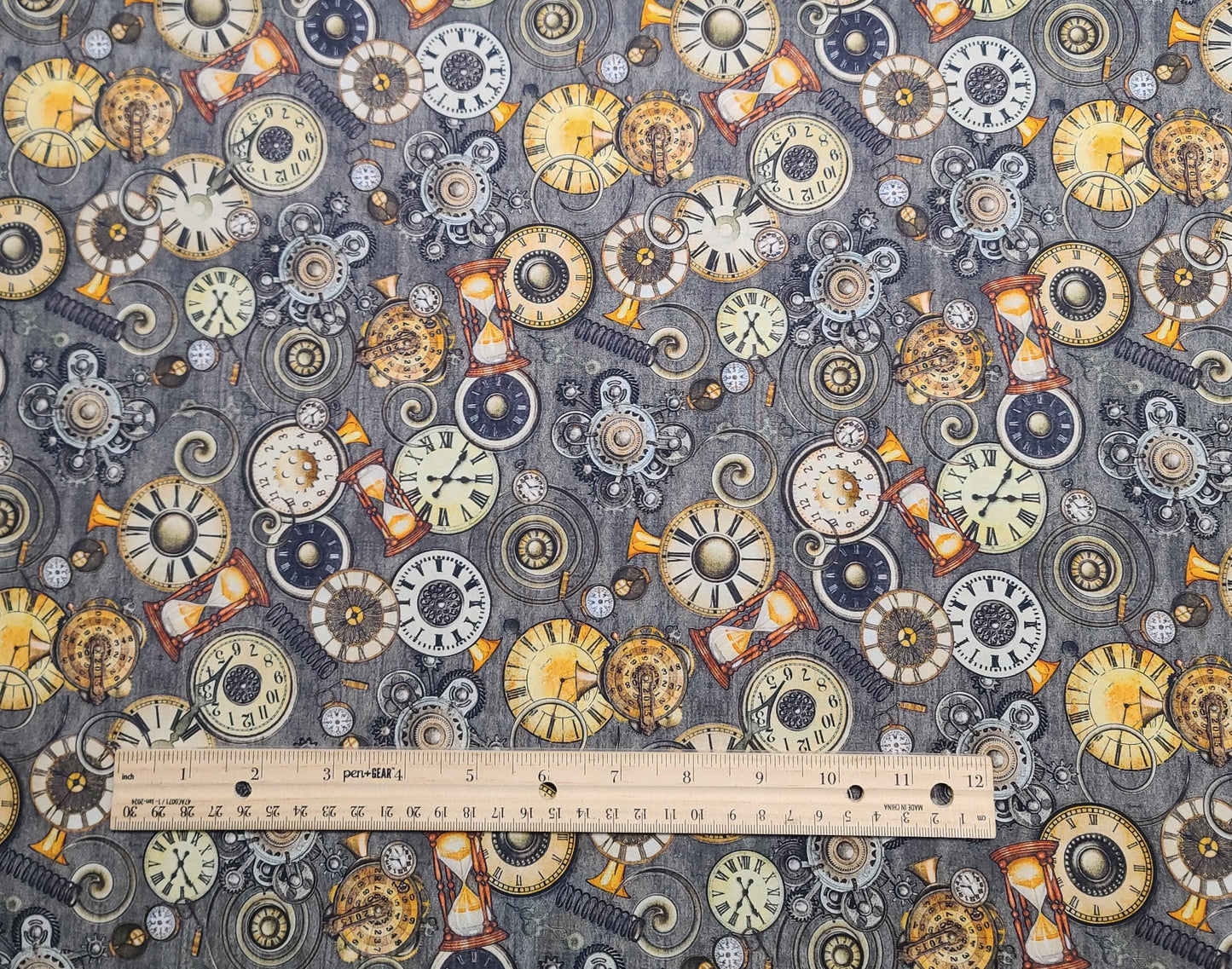 Dan Morris Design 2022 for QT Fabrics - Gray Fabric / Gold, Tan, White, Black Clock and Clockworks Print