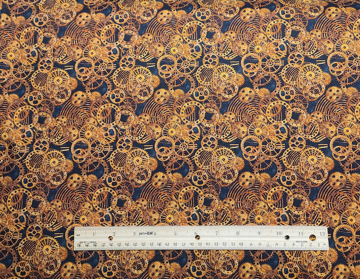 Rubin Design Studio Style# RUPOSIET - Steel Blue Tonal Fabric / Cooper, Rust, Orange Clockworks Print