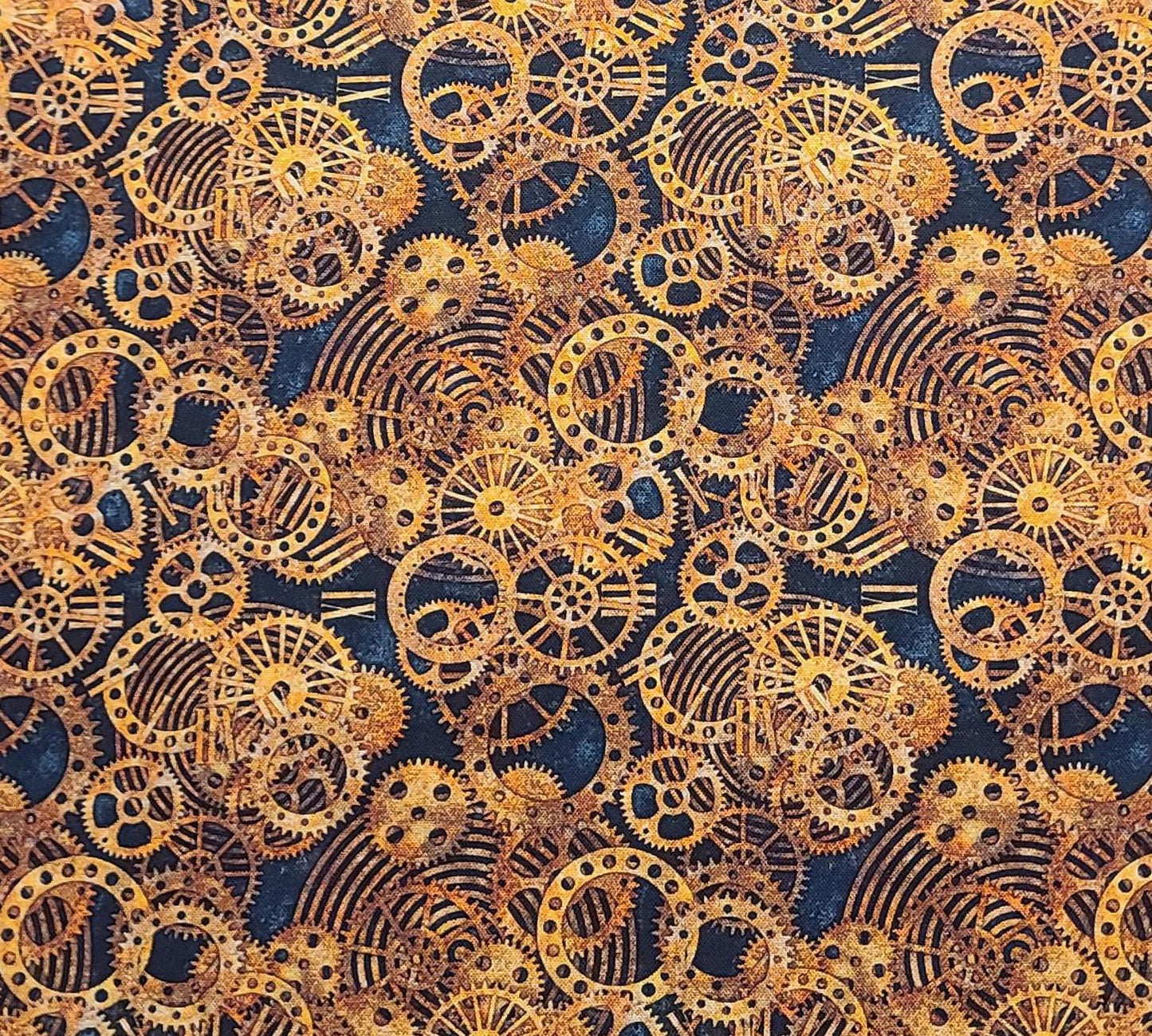 Rubin Design Studio Style# RUPOSIET - Steel Blue Tonal Fabric / Cooper, Rust, Orange Clockworks Print