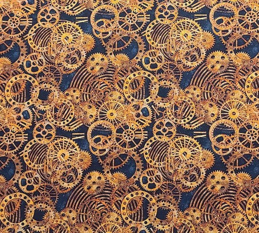 Rubin Design Studio Style# RUPOSIET - Steel Blue Tonal Fabric / Cooper, Rust, Orange Clockworks Print