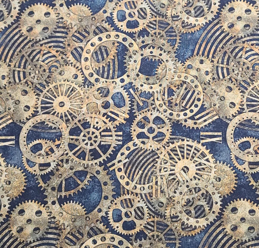 Rubin Design Studio Style #RUPOS4WA - Steel Blue Tonal Fabric / Tan, Green Clockworks Print