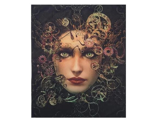 PANEL - Rubin Design Studio Style #RUPOSGNU - Black Fabric / Cooper, Green, Brown Steampunk Woman's Face Blockworks (36"x44")