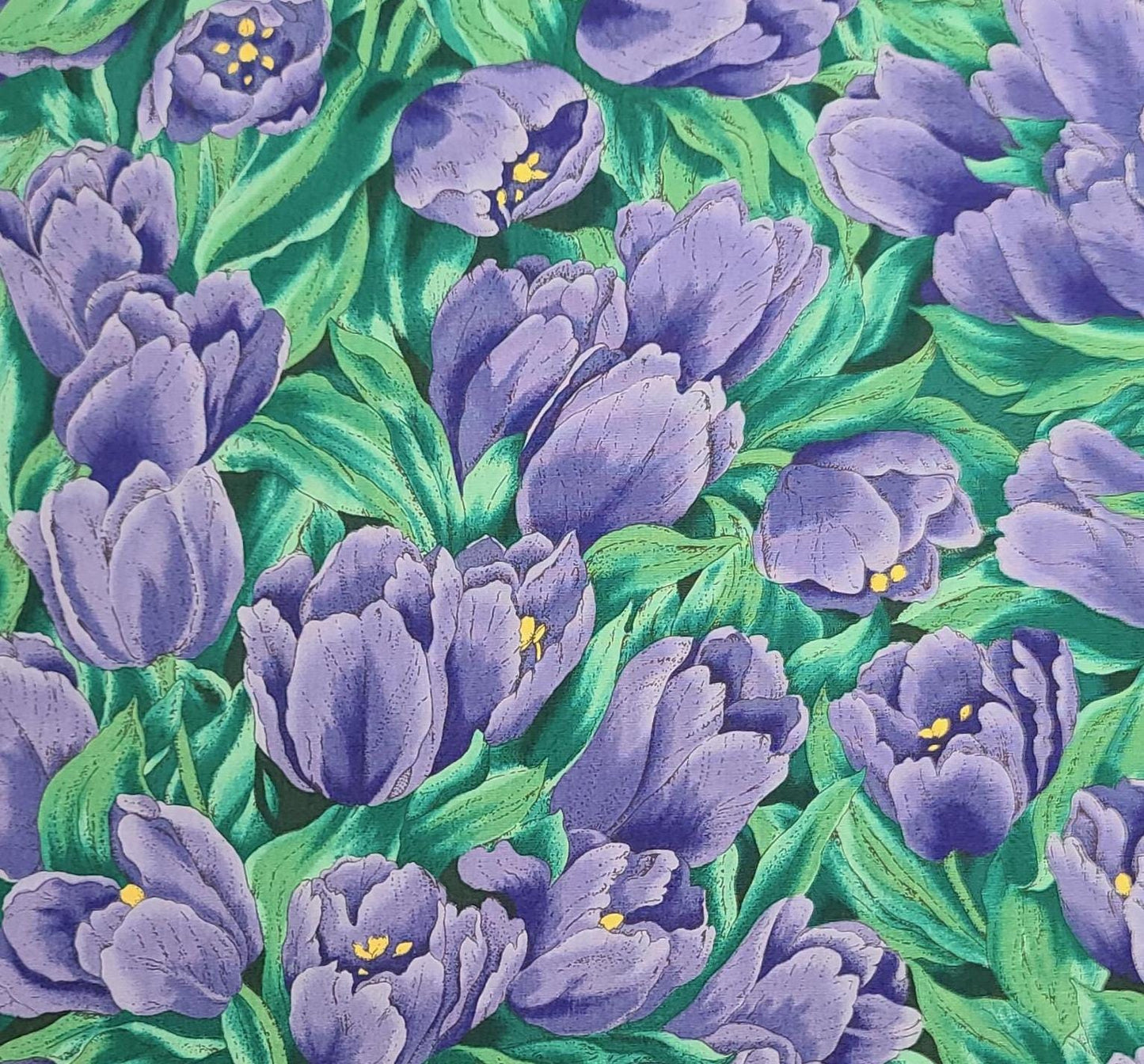 Color Profusion by Susie M. Robbins for P&B Textiles 2000 - Purple, Green, Yellow Packed Tulip Print Fabric