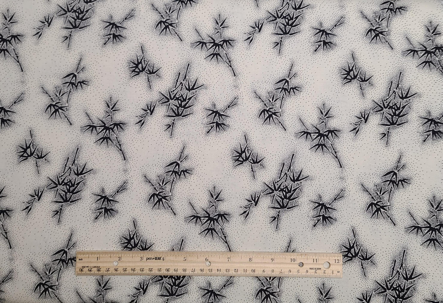 EOB - Soft White Fabric / Black Leaf and Pin Dot Print - Selvage to Selvage Print