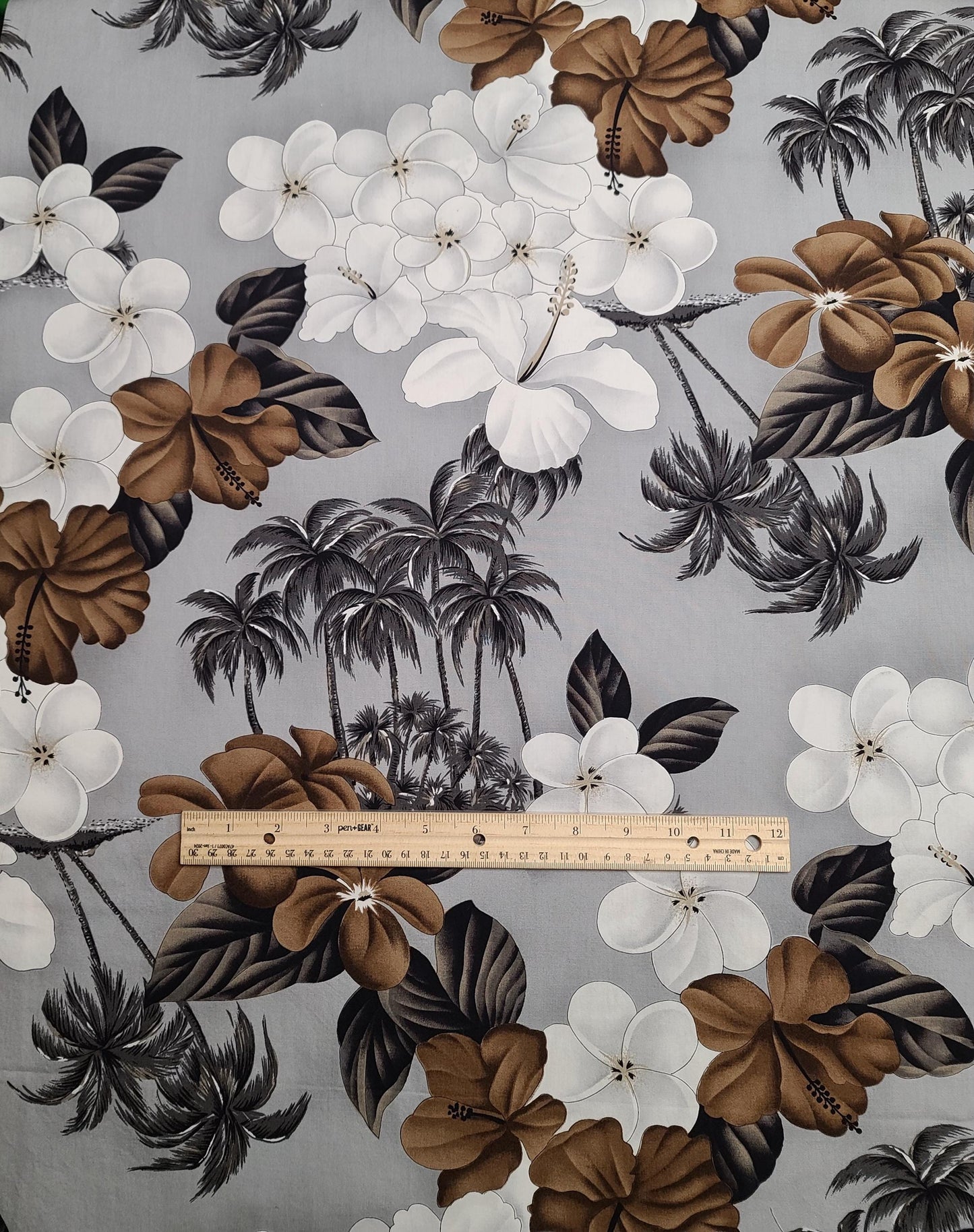 Gray Tonal Fabric / Black, Brown, White, Charcoal Large Tropical Flower and Palm Tree Print - Selvage to Selvage Print