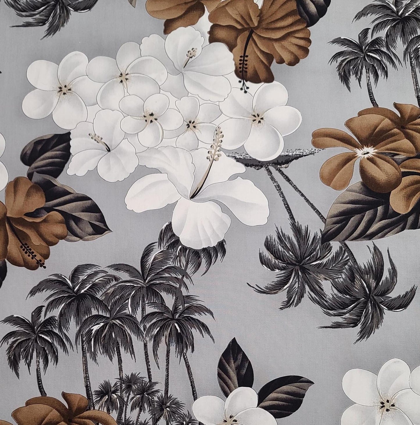 Gray Tonal Fabric / Black, Brown, White, Charcoal Large Tropical Flower and Palm Tree Print - Selvage to Selvage Print