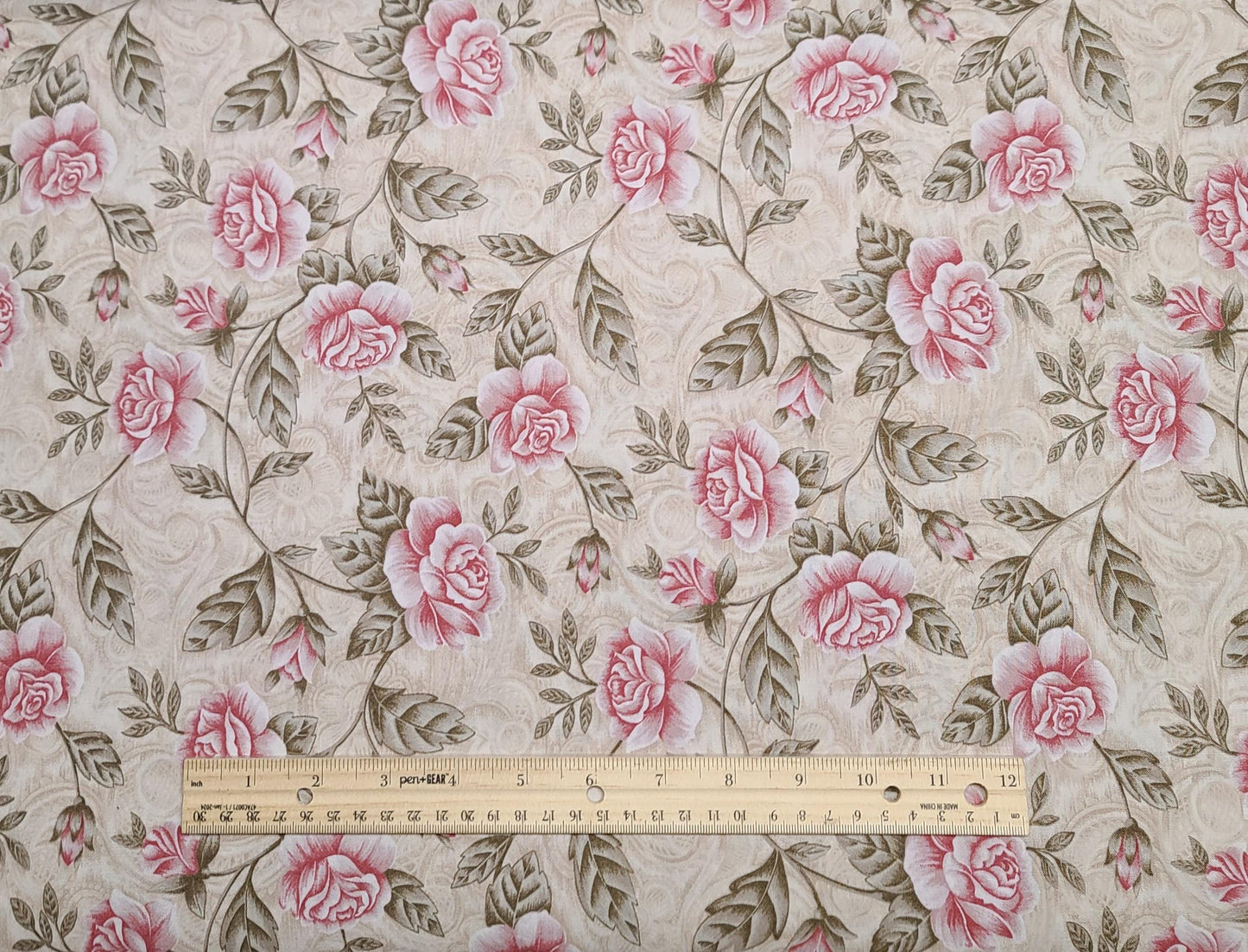 144 Zen Lace Rose - Tan and Cream "Lace" Fabric / Pink Rose Vine Print