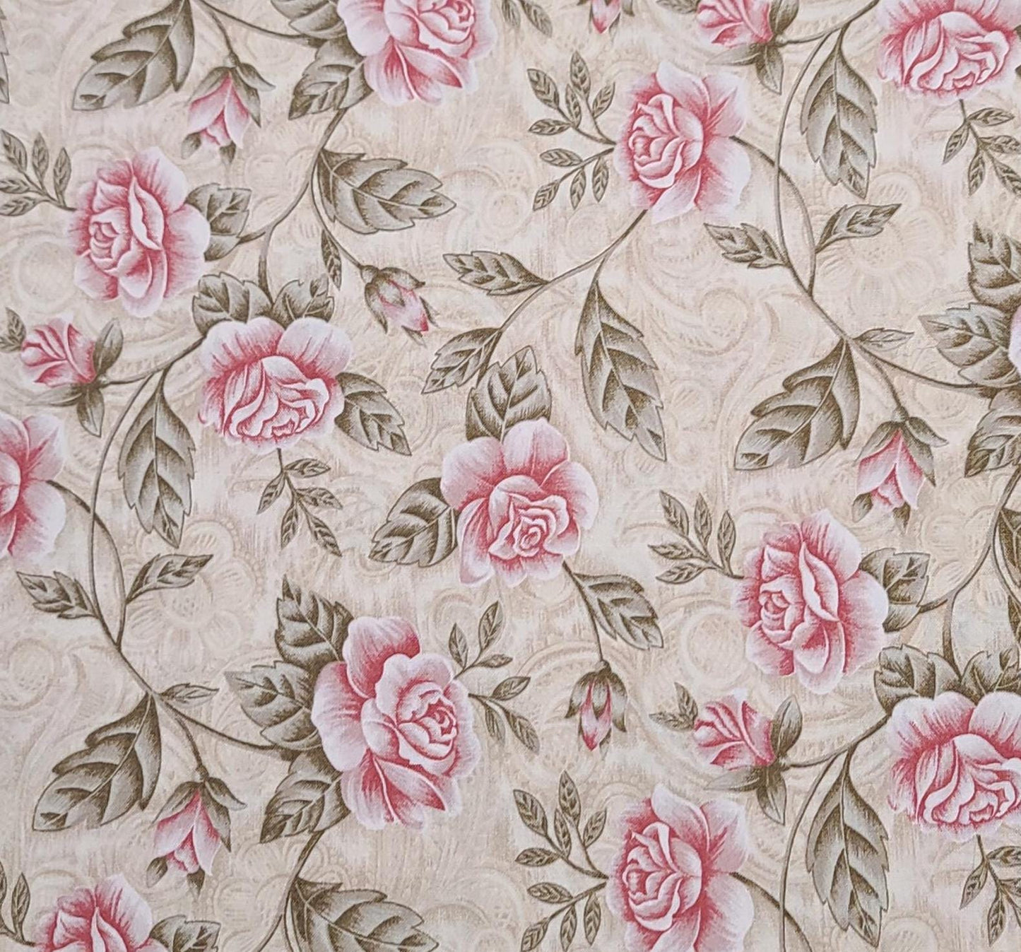 144 Zen Lace Rose - Tan and Cream "Lace" Fabric / Pink Rose Vine Print