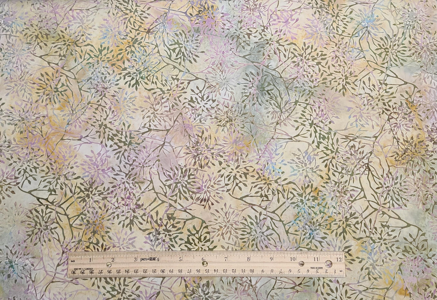 BATIK - Pale Tan, Gold Fabric / Olive, Blue, Lavender Leaf Pattern