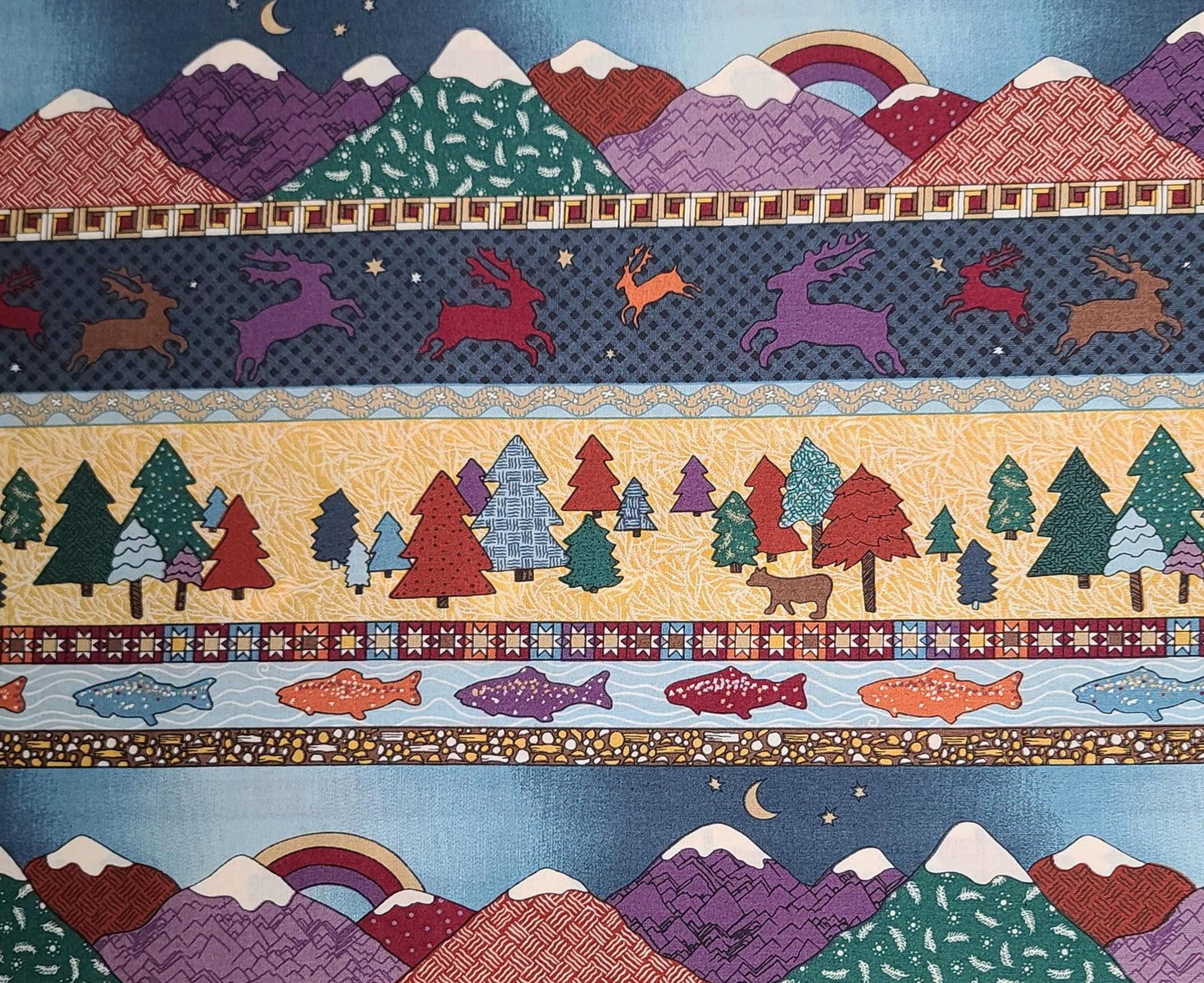 Pine Brook Collection by Jean Wells for P&B Textiles - Navy, Purple, Green, Tan Wildlife, Fish, Mountains Border Stripe Fabric