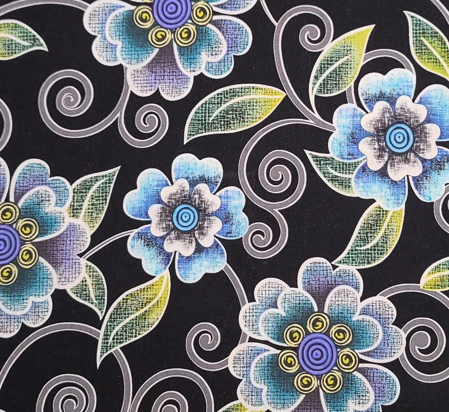 Urban Oasis by Kitty Yoshida for Benartex Style.P3370 - Black Fabric / Blue, White, Yellow, Taupe Large Flower Print