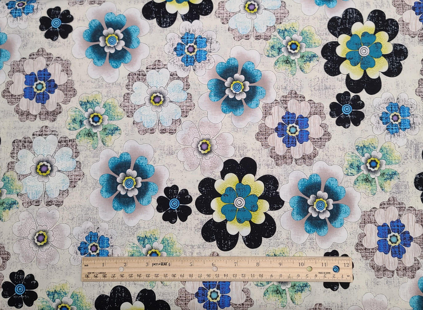 Urban Oasis by Kitty Yoshida for Benartex Style P3371 - White Fabric/Taupe "Grunge" Background / Teal, Aqua, Blue, Black, Green Large Flower