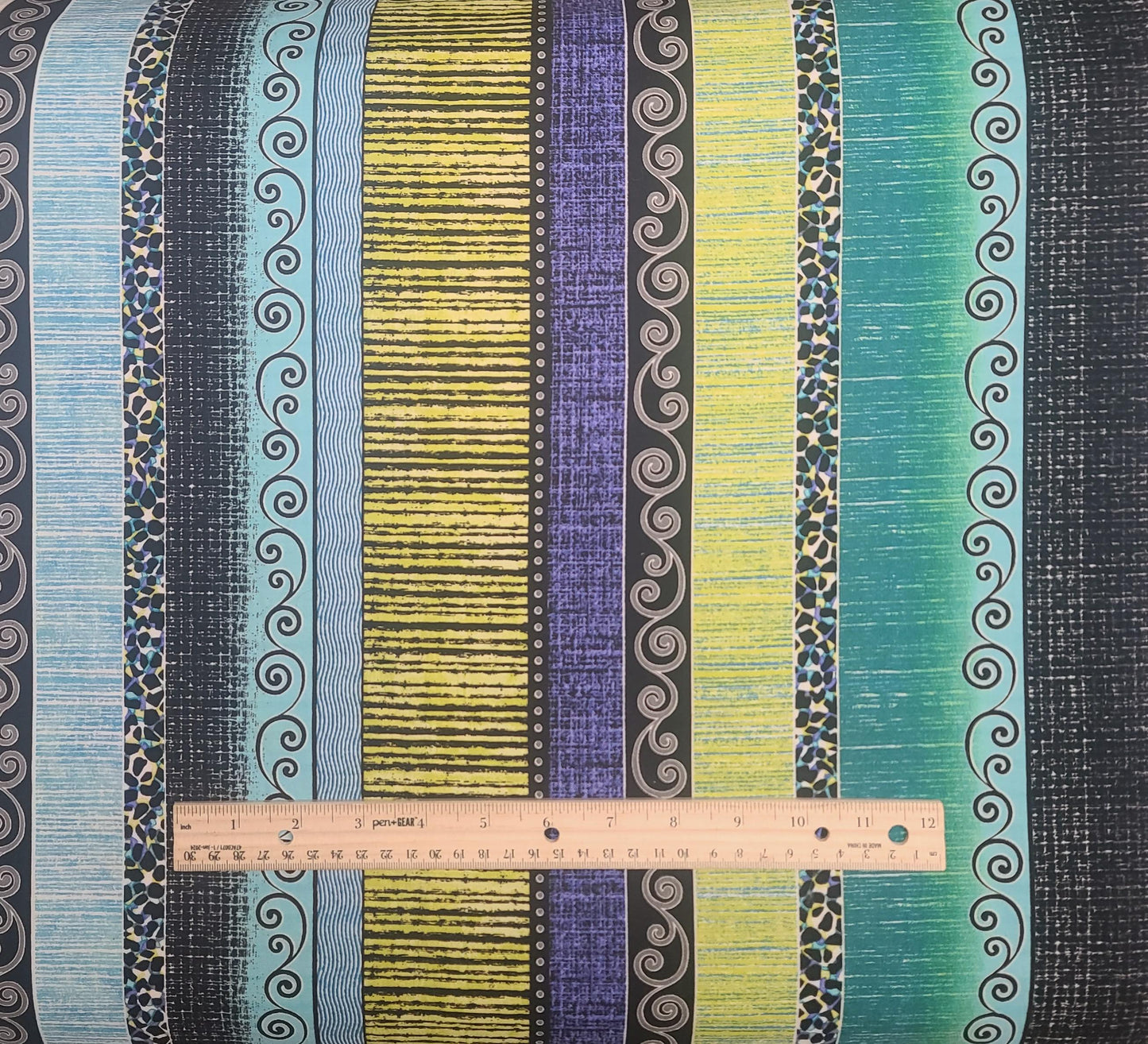 Urban Oasis by Kitty Yoshida for Benartex Style P3375 - Teal, Aqua, Black, Purple, Neon Yellow Vertical Stripe (Parallel to Selvage) Fabric