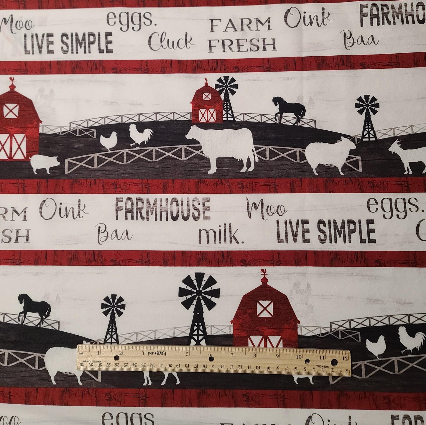 Homestead Jennifer Pugh Licensed to WP - Red, White Black Farm Print Border Stripe Fabric