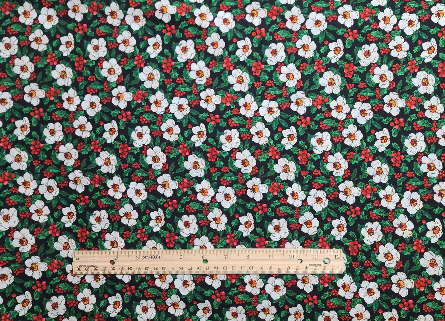 Winter Garden by Cheri L Strole for SSI - Black Fabric / Packed Holly, Berry and White Flower Print