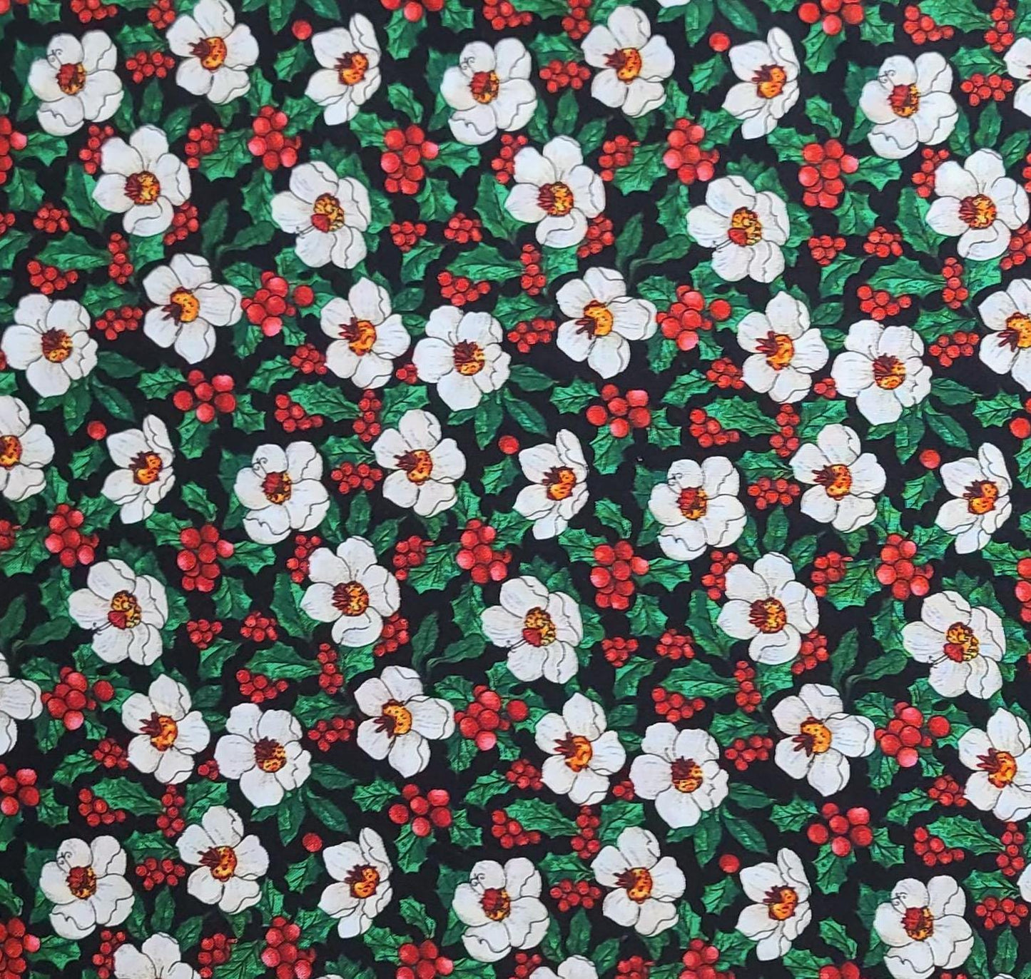 Winter Garden by Cheri L Strole for SSI - Black Fabric / Packed Holly, Berry and White Flower Print