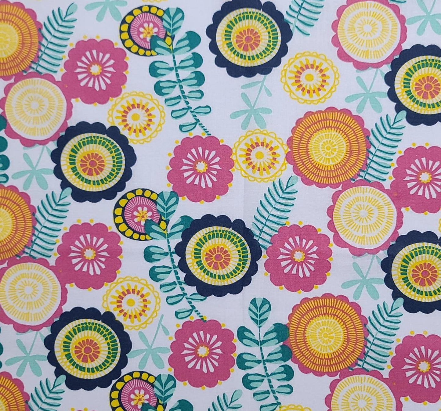 White Fabric / Pink, Yellow, Navy Retro Flower Print - Selvage to Selvage Print