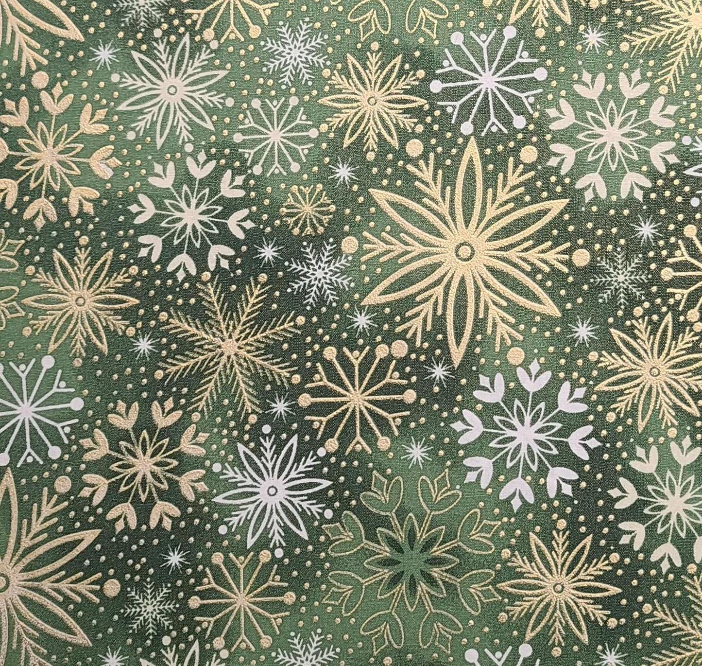 JoAnn Fabrics - Green Tonal Fabric / White and Gold Metallic Snowflake Print