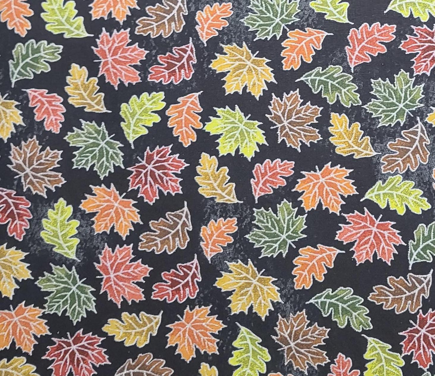 JoAnn Fabrics - Black Fabric / Packed Red, Orange, Green Leaf Print / Silver Metallic Accents