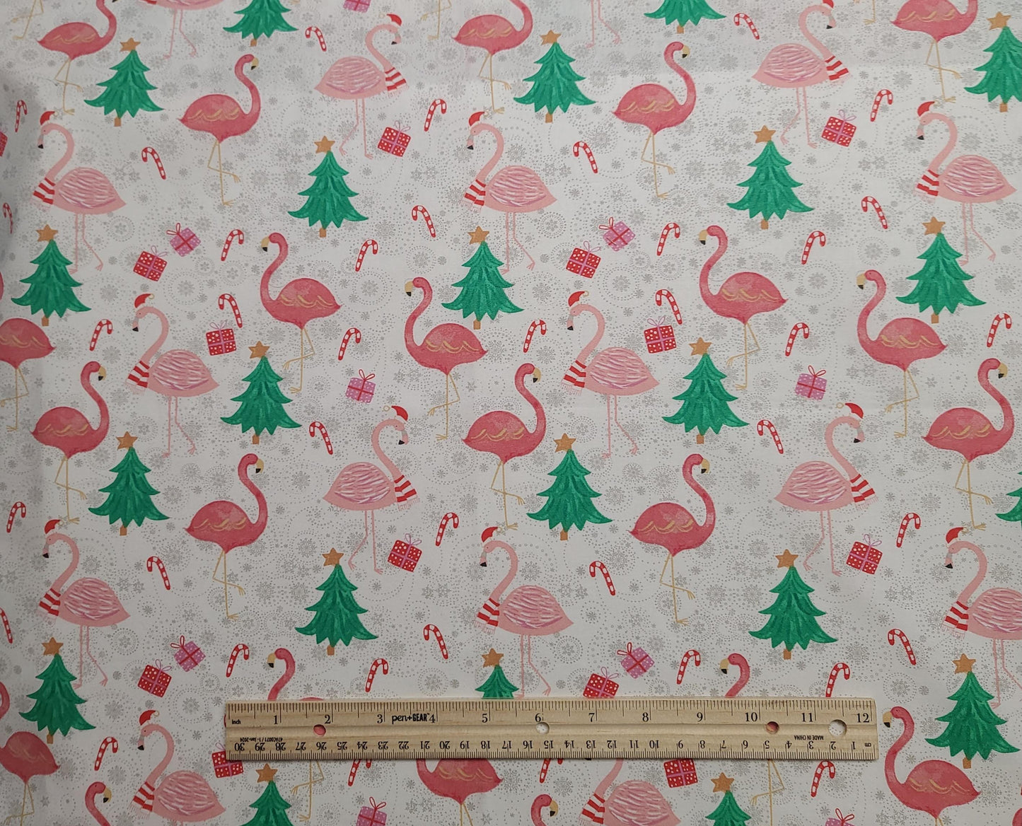 JoAnn Fabrics - White Fabric / Gray Medallion and Snowflake / Flamingo Christmas Print