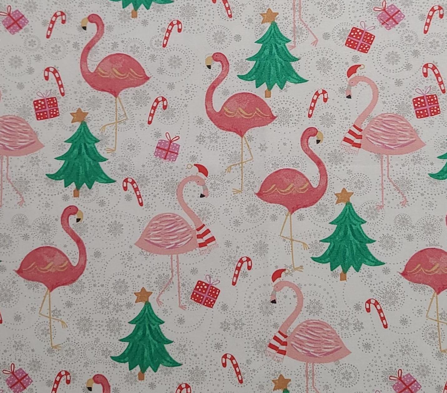 JoAnn Fabrics - White Fabric / Gray Medallion and Snowflake / Flamingo Christmas Print