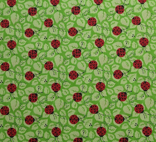 Charms by Patty Reed Designs 2006 Laurie Campbell La-Di-Draw Fabric Traditions - Bright Green Tonal Leaf Print Fabric / Tossed Ladybug Print